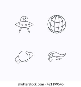 Ufo, planet and fire flame icons. Globe linear sign. Flat linear icons on white background. Vector