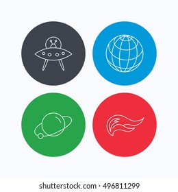 Ufo, planet and fire flame icons. Globe linear sign. Linear icons on colored buttons. Flat web symbols. Vector