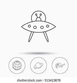Ufo, planet and fire flame icons. Globe linear sign. Linear icons in circle buttons. Flat web symbols. Vector