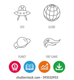 Ufo, planet and fire flame icons. Globe linear sign. Award medal, growth chart and opened book web icons. Download arrow. Vector