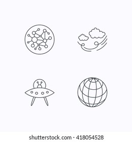 Ufo, planet and global network icons. Wind linear sign. Flat linear icons on white background. Vector