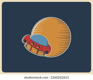 UFO and planet vintage vector. Spaceship illustration design for shirt, poster and sticker. Flying saucer badge vector.