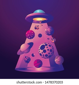 UFO with planets in the light. Space ship vector illustration. Galaxy travel cartoon image.