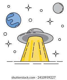 UFO and Planets in Space Flat Thin Line Art. Space exploration and science topic vector art