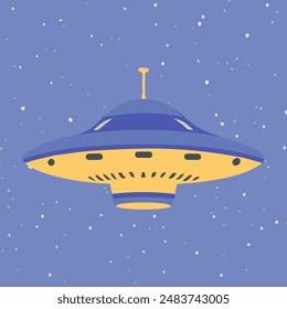 UFO plate. Unknown flying object on isolated blue starry background. Vector illustration cartoon flat design.