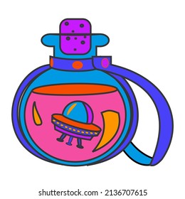 UFO in poison bottle. Psychedelic element Flat vector illustration on white background