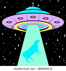 UFO poster or banner. Unidentified flying object and cow. Vector illustration for sticker or web.