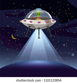 Ufo poster. Flying saucer, alien cartoon style