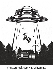 UFO poster vintage. Aliens abduct a cow from a farm. House with windmill mill in forest. Black and white design. Vector illustration.