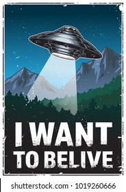 Afiche de Ufo. Quiero creer. Ilustración vectorial vintage