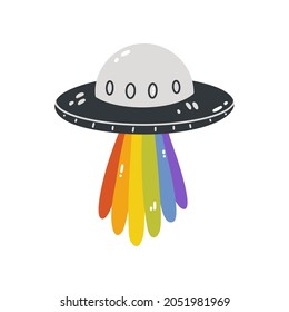 A UFO with a rainbow is an LGBTQ symbol. Vector illustration of a flying saucer isolated on a white background. A simple flat icon. Happy pride month.