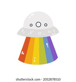 A UFO with a rainbow is an LGBTQ symbol. Vector illustration of a flying saucer isolated on a white background. A simple flat icon. Happy pride month.