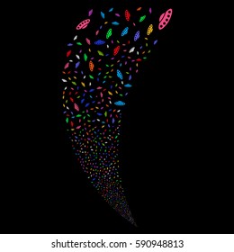UFO random fireworks stream. Vector illustration style is flat bright multicolored iconic symbols on a black background. Object fountain done from scattered pictograms.