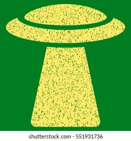 Ufo Ray grainy textured icon for overlay watermark stamps. Flat symbol with unclean texture. Dotted vector yellow ink rubber seal stamp with grunge design on a green background.
