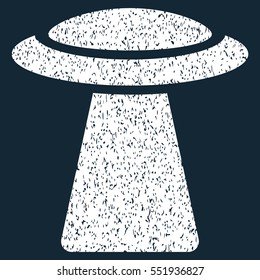 Ufo Ray grainy textured icon for overlay watermark stamps. Flat symbol with dust texture. Dotted vector white ink rubber seal stamp with grunge design on a dark blue background.
