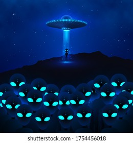 UFO with ray of light fly in night sky and group angry aliens with green eyes. alien invasion. Sci-fi concept. Vector illustration