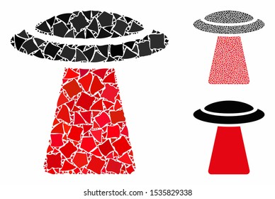 UFO ray mosaic of tremulant elements in variable sizes and color tones, based on UFO ray icon. Vector uneven elements are grouped into mosaic. UFO ray icons collage with dotted pattern.