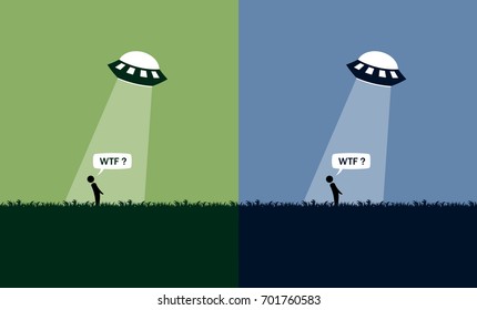 UFO - ray, person, background. vector illustration