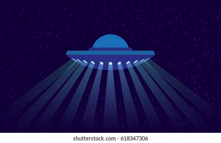 UFO with rays of light on outer space background. Alien spaceship illustration in a flat style.