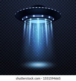 UFO. Realistic Alien Spaceship With Blue Light Beam, Futuristic Sci Fi Unidentified Spacecraft Isolated 3d Vector Spotlight Silhouette Illustration