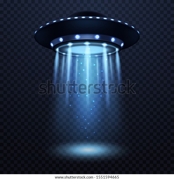Ufo 青い光線を持つリアルな宇宙船 未来的なsf宇宙船 分離型3dベクタースポットライトシルエットイラスト のベクター画像素材 ロイヤリティフリー