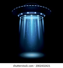 UFO. Realistic alien spaceship with light beam. Futuristic Sci-fi unidentified spacecraft. 3D flying saucer and abduction spotlight ray. Space transport illumination. Vector illustration