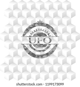 UFO realistic grey emblem with geometric cube white background