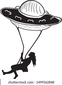 UFO. Ride on a swing. Girl. Silhouette. Unidentified flying object with light beam. Design concept for tattoo, banner, card, t-shirt, print, poster. Vector illustration