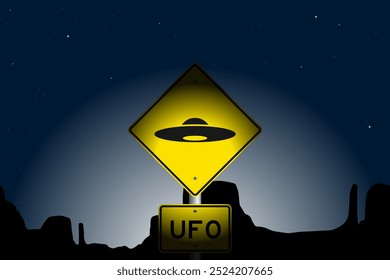 UFO Road Sign: vector illustration of a road sign indicating a UFO ahead in the desert at night