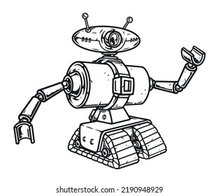 UFO Robot Monochrome Vintage Sketch Futuristic Mechanical Machine For Conquest Of Outer Space And Study Planets Of Universe Vector Illustration