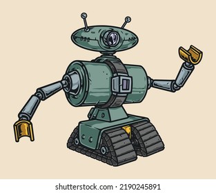 UFO Robot Vintage Sketch Colorful Mechanic Robot Alien From Space To Explore Planet Mars Futuristic Technology Vector Illustration