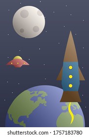 
UFO and rocket fly in space near the Earth and the Moon. Flat illustration. 