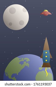 UFO and rocket fly in space near the Earth and the Moon. Flat illustration. 