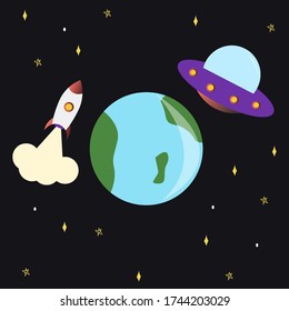 OVNI et fusée volant près de la Terre. Jour de l'OVNI du 2 juillet. Les extraterrestres se sont envolés vers la Terre pour voler les gens pour des expériences. Illustration vectorielle