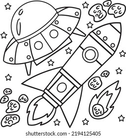 UFO and Rocket Ship In Space Coloring Page 