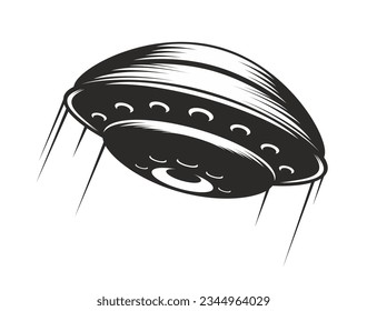 Salto de OVNI, nave espacial alienígena voladora con senderos, icono vectorial del barco de galaxia espacial, nave espacial marciana vectorial. Fantasía extraterrestre miística y nave espacial UFO del universo alienígena en monocromo retro