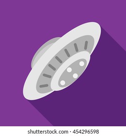UFO saucer flying icon in flat style on a purple background
