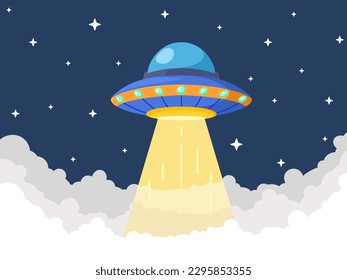 UFO saucer futuristic alien spaceship floating on the clouds. The unknown flying object in the night sky dark background. Vector illustration cartoon flat design.