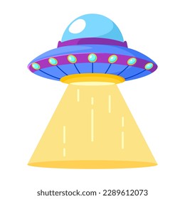 UFO saucer futuristic toy alien spaceship. The unknown flying object on isolated white background. Vector illustration cute cartoon flat design.