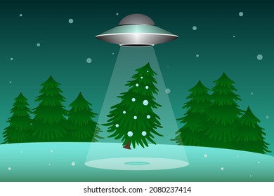 UFO saucer stealing Christmas tree. Vector illustration.