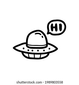 ufo say hi, doodle style vector illustration.