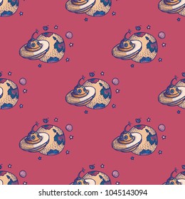 UFO seamless pattern. Cartoon style pattern design.