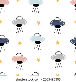 UFO seamless pattern Cute Cartoon Animal Background Hand Drawn Kids Style Design Use for print, nursery decoration wallpaper, fabric, textile Vector Illustration