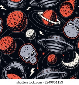 UFO seamless pattern with design elements such as flying saucer, alien head, planet, moon.