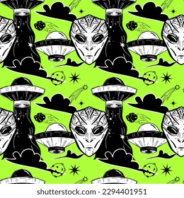 UFO seamless pattern. Invasion of aliens. Mystical symbol paranormal phenomena, first contact