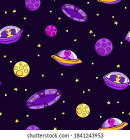 Ufo seamless pattern. Purple aliens on yellow flying saucers pink asteroids rushing through star paths space life among galaxies and constellations colorful cartoon vector universe.