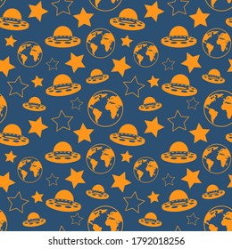 Ufo seamless pattern. Repetitive extraterrestrial vector illustration pattern of ufos floating in space with the Earth and star symbols. Orange doodles on blue background. EPS 10.