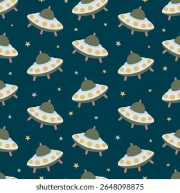 UFO Seamless Pattern Vector, Space Flying Saucer Background, Kids Cosmic Wallpaper Design