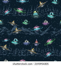 UFO seamless pattern vintage colorful with aliens flying over mountains and trees on unidentified space dishes vector illustration