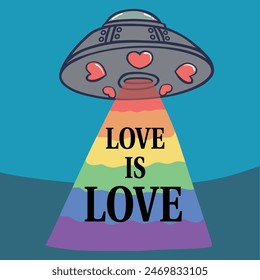 UFO sending LGBT rainbow light saying Love is love. Pride month sticker, card, banner